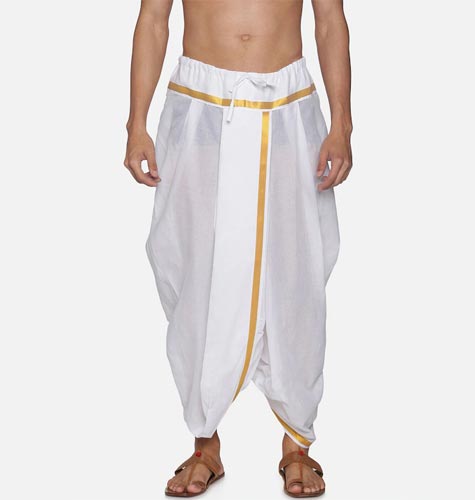 Men White & Gold-Coloured Solid Readymade Cotton Dhoti Pant
